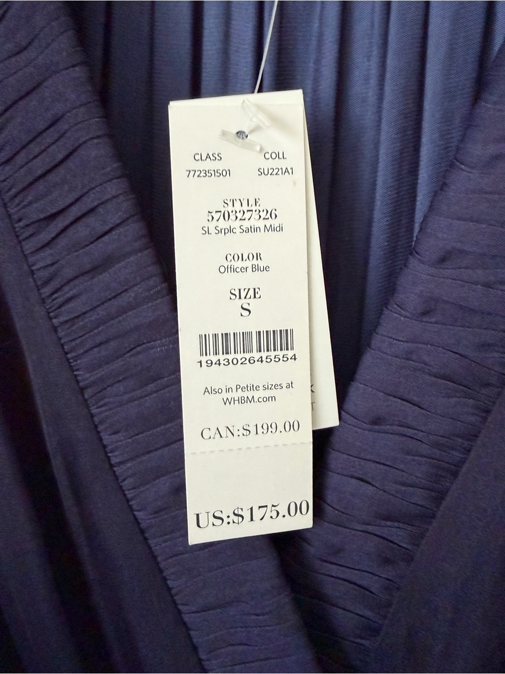 White House Black Market Navy Pleated Satin V-Neck Dress